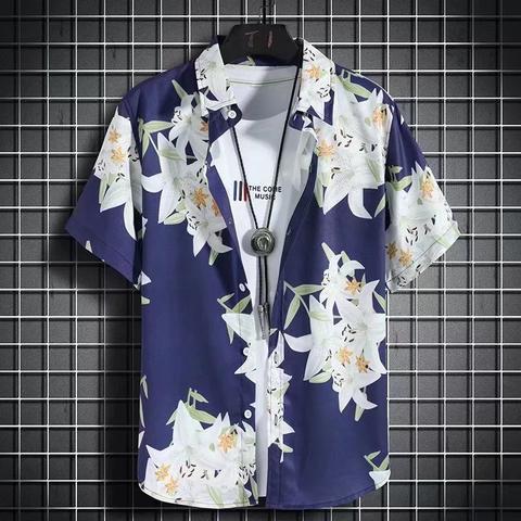 Summer short-sleeved shirts for men and women Hainan Sanya travel couples floral casual shirts summer Hong Kong style fashion