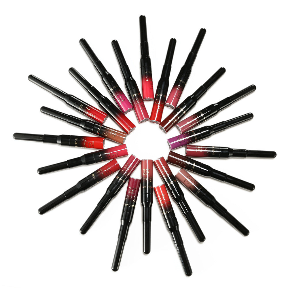 New MUSIC ROSE two-in-one lip gloss + lip liner matte non-stick liquid lipstick double-ended lip gloss pen