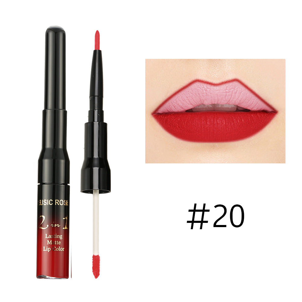 New MUSIC ROSE two-in-one lip gloss + lip liner matte non-stick liquid lipstick double-ended lip gloss pen