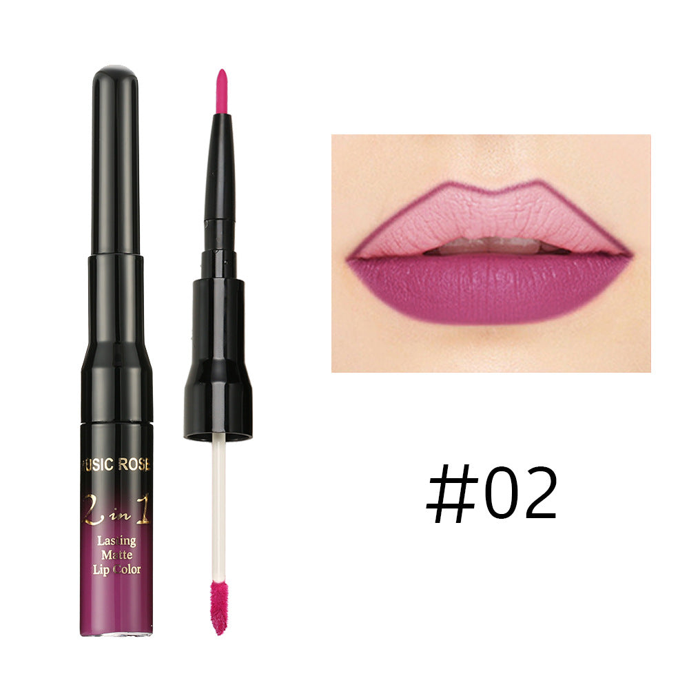 New MUSIC ROSE two-in-one lip gloss + lip liner matte non-stick liquid lipstick double-ended lip gloss pen