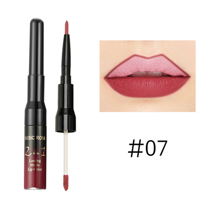 New MUSIC ROSE two-in-one lip gloss + lip liner matte non-stick liquid lipstick double-ended lip gloss pen