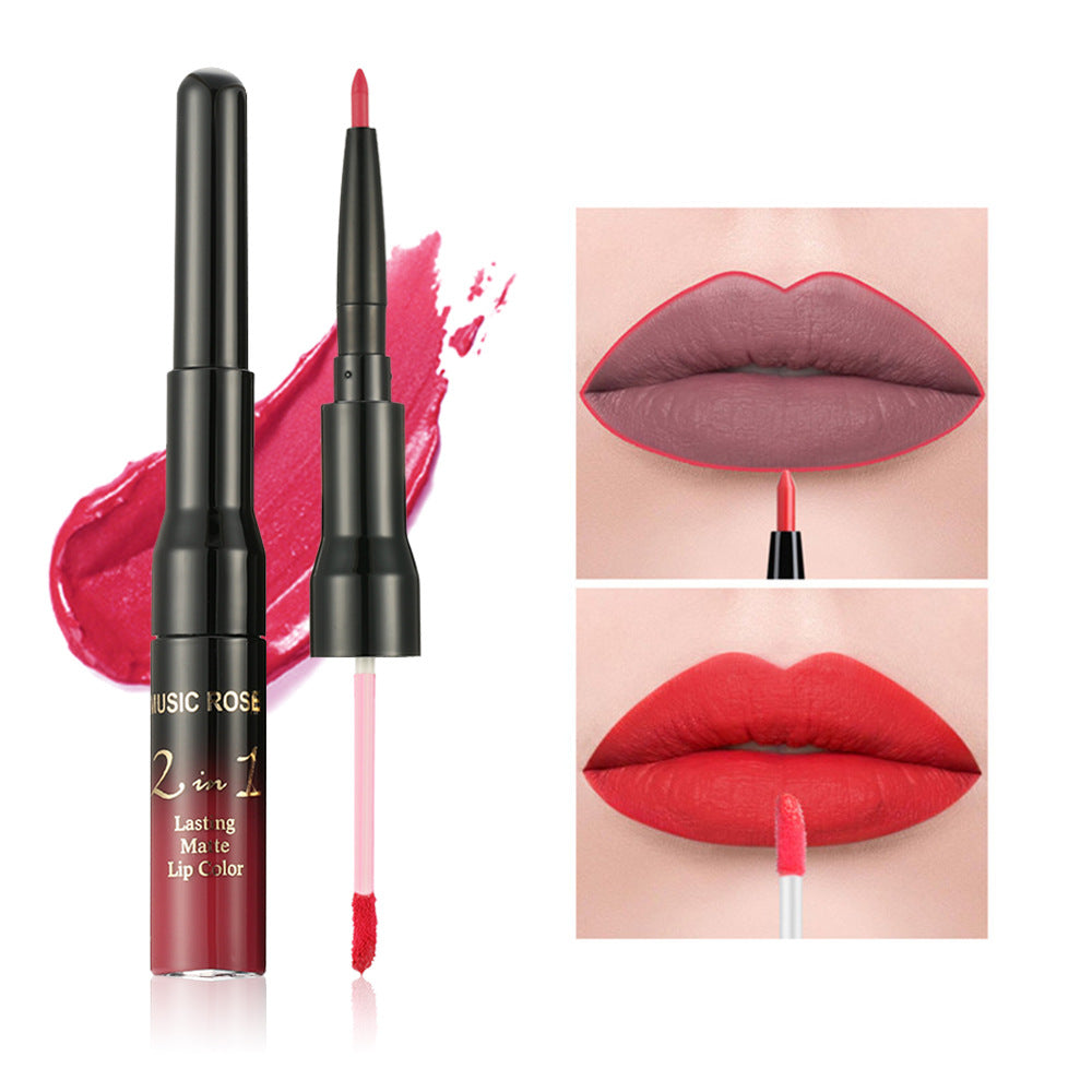 New MUSIC ROSE two-in-one lip gloss + lip liner matte non-stick liquid lipstick double-ended lip gloss pen