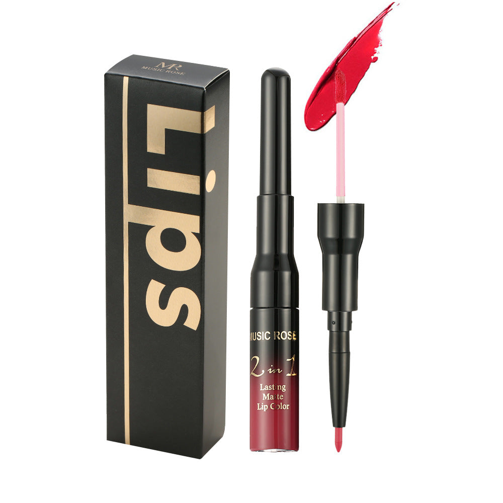 New MUSIC ROSE two-in-one lip gloss + lip liner matte non-stick liquid lipstick double-ended lip gloss pen
