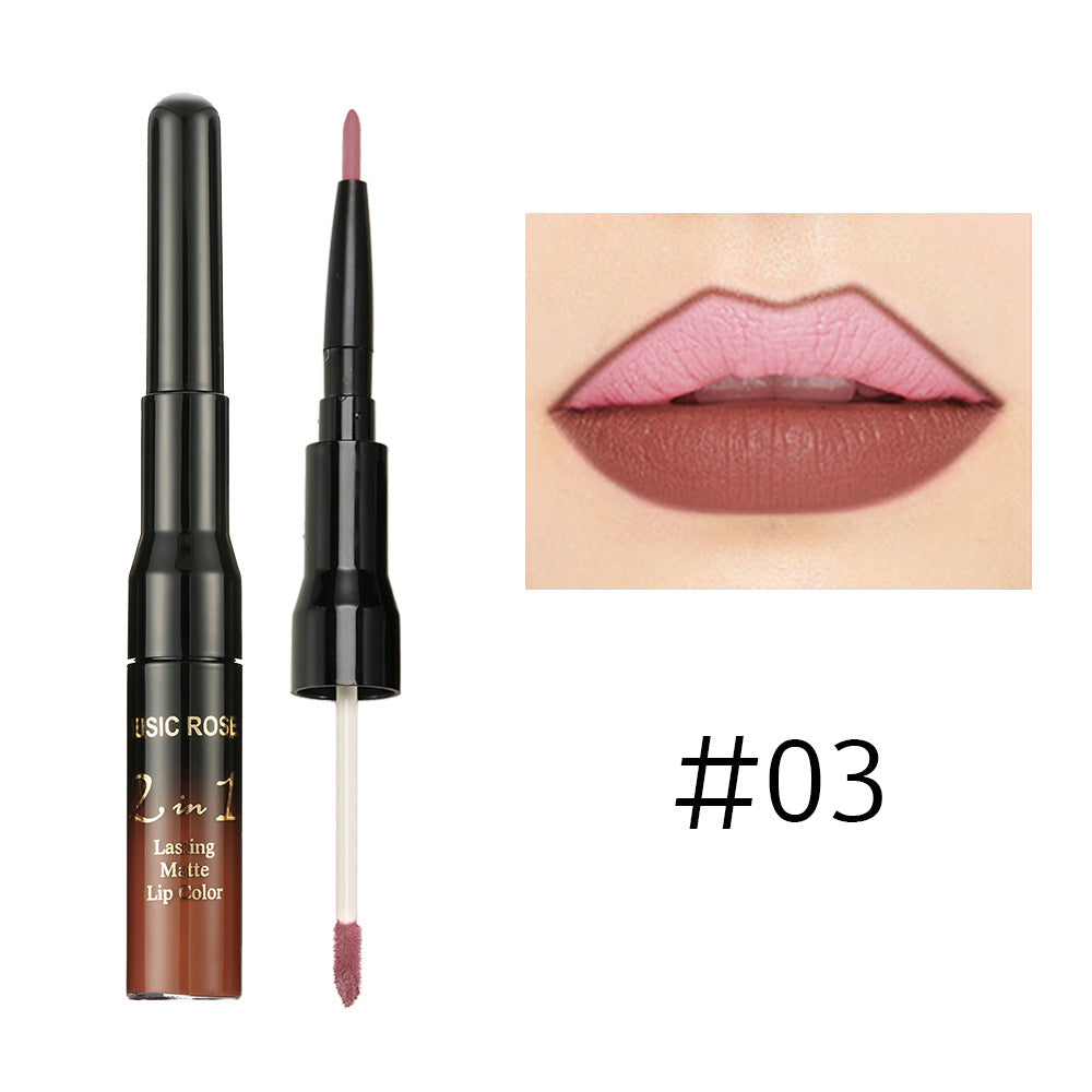 New MUSIC ROSE two-in-one lip gloss + lip liner matte non-stick liquid lipstick double-ended lip gloss pen
