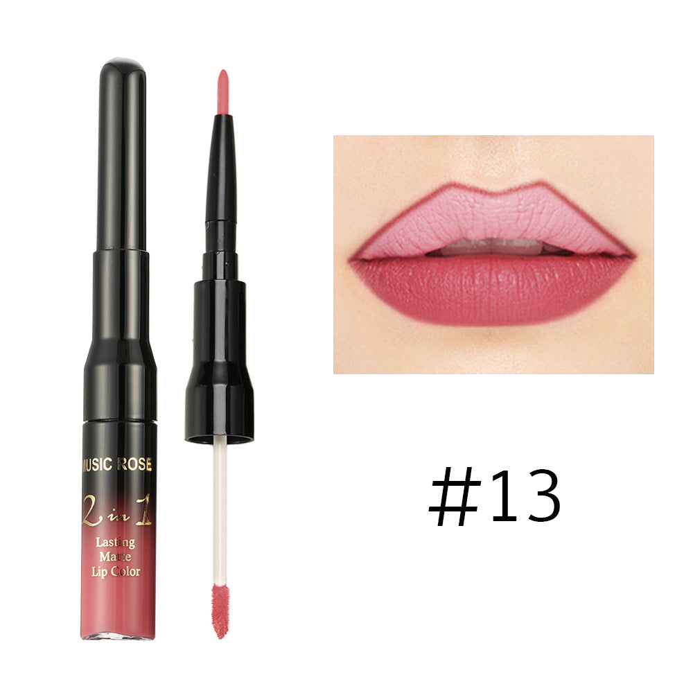 New MUSIC ROSE two-in-one lip gloss + lip liner matte non-stick liquid lipstick double-ended lip gloss pen