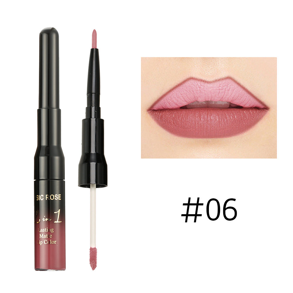 New MUSIC ROSE two-in-one lip gloss + lip liner matte non-stick liquid lipstick double-ended lip gloss pen