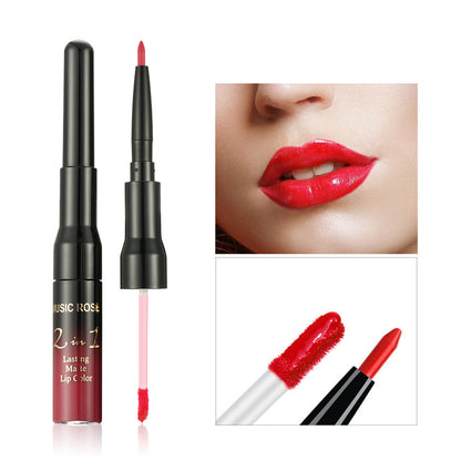 New MUSIC ROSE two-in-one lip gloss + lip liner matte non-stick liquid lipstick double-ended lip gloss pen