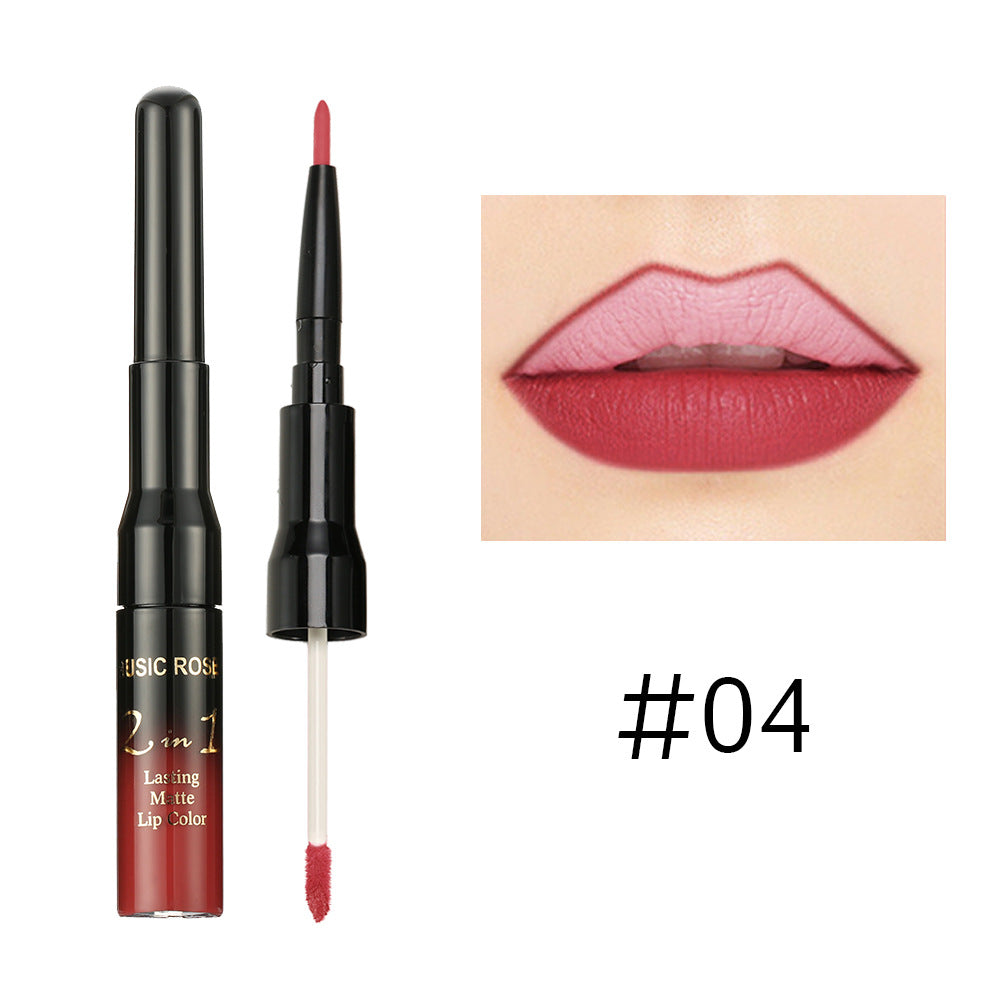 New MUSIC ROSE two-in-one lip gloss + lip liner matte non-stick liquid lipstick double-ended lip gloss pen
