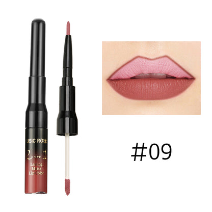 New MUSIC ROSE two-in-one lip gloss + lip liner matte non-stick liquid lipstick double-ended lip gloss pen