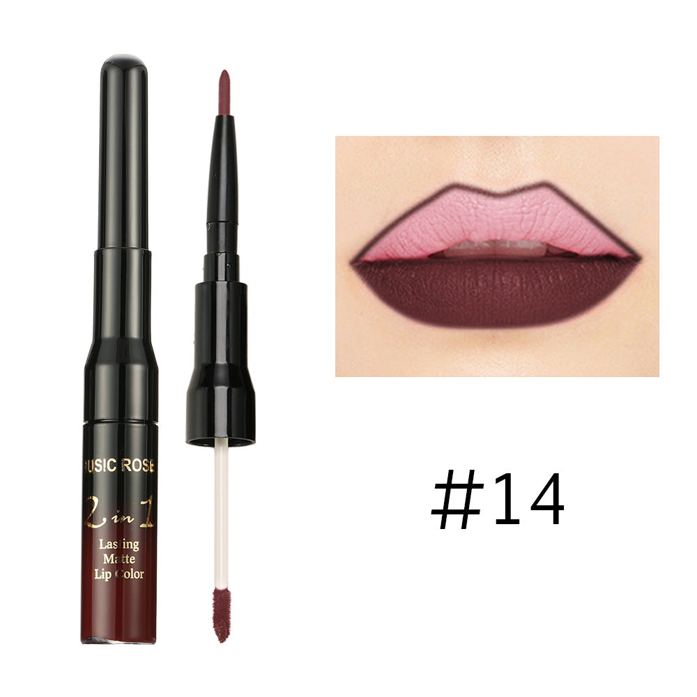 New MUSIC ROSE two-in-one lip gloss + lip liner matte non-stick liquid lipstick double-ended lip gloss pen