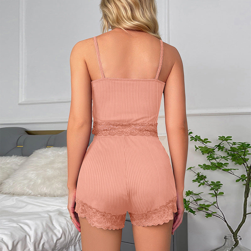 Suspender pajamas women's spring and summer new tops and shorts two-piece suits home clothes sexy lace pure desire home clothes