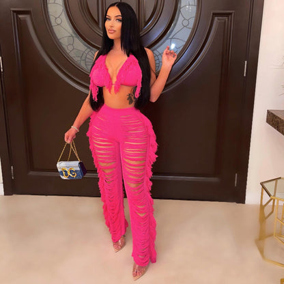 2024 Cross-border Women's Autumn  Women's Clothing Pure Color Sexy Halter Neck See-through Backless Tassel Knitted Pants Suit