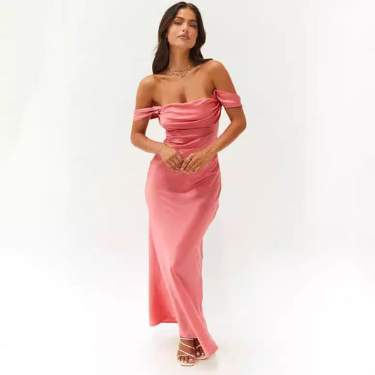 Summer European and American New Ins One Shoulder Tube Top Satin Hip-Hip Backless Women's Dress Long Dress Evening Dress