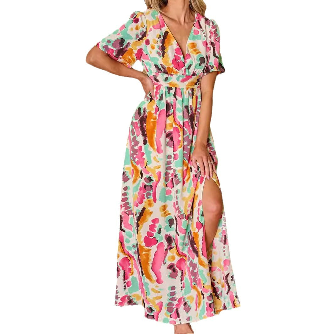 Cross-border foreign trade new European and American women's clothing split short-sleeved dress printed lace-up large swing skirt female