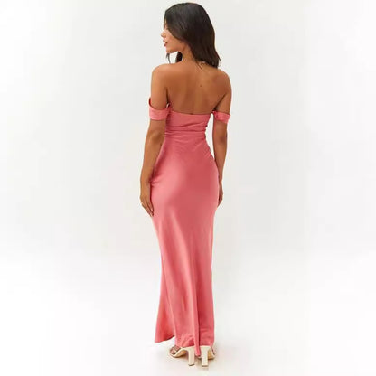 Summer European and American New Ins One Shoulder Tube Top Satin Hip-Hip Backless Women's Dress Long Dress Evening Dress