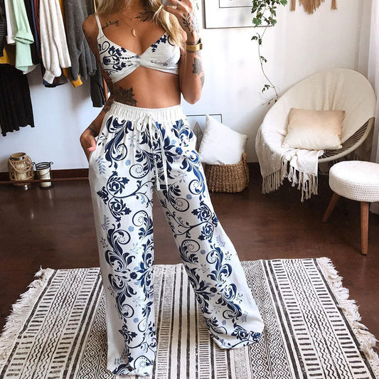 New sommer 2024 stock cross-border women's clothing printed sexy tube top loose wide-leg pants two-piece set