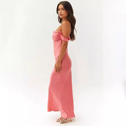 Summer European and American New Ins One Shoulder Tube Top Satin Hip-Hip Backless Women's Dress Long Dress Evening Dress