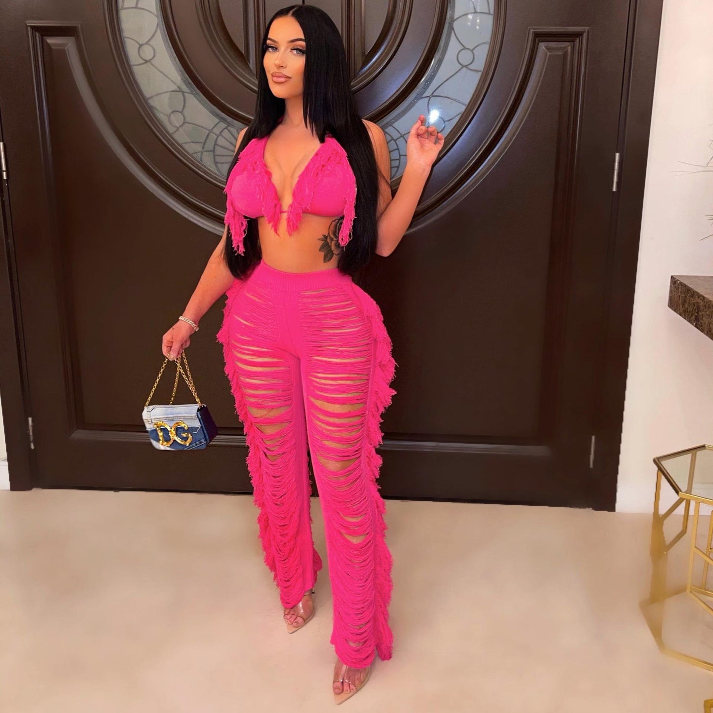 2024 Cross-border Women's Autumn  Women's Clothing Pure Color Sexy Halter Neck See-through Backless Tassel Knitted Pants Suit