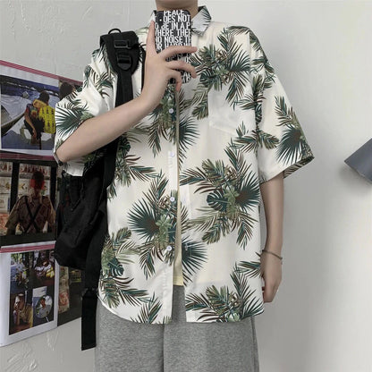 Summer short-sleeved shirts for men and women Hainan Sanya travel couples floral casual shirts summer Hong Kong style fashion