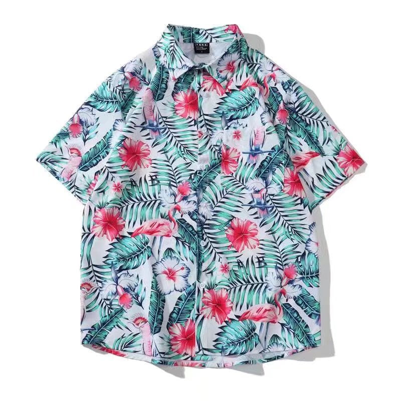 Summer short-sleeved shirts for men and women Hainan Sanya travel couples floral casual shirts summer Hong Kong style fashion