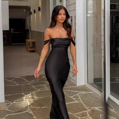 Summer European and American New Ins One Shoulder Tube Top Satin Hip-Hip Backless Women's Dress Long Dress Evening Dress
