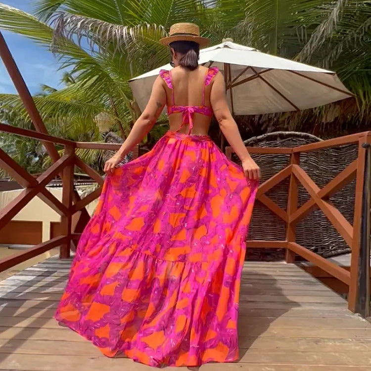 New bikini ruffled straps printed high waist split swimsuit and umbrella skirt set