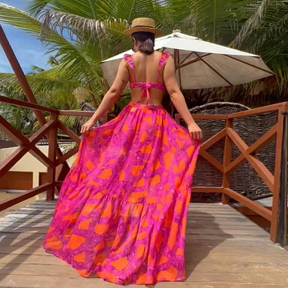 New bikini ruffled straps printed high waist split swimsuit and umbrella skirt set