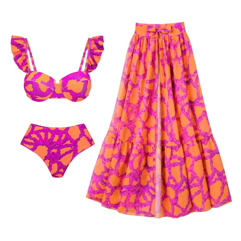 New bikini ruffled straps printed high waist split swimsuit and umbrella skirt set