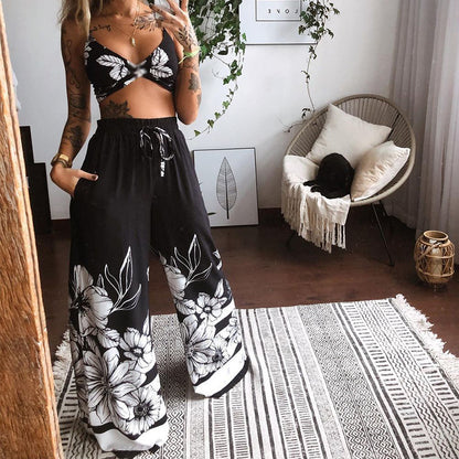 New sommer 2024 stock cross-border women's clothing printed sexy tube top loose wide-leg pants two-piece set